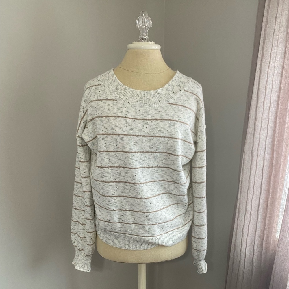 Hem & Thread Cream and Brown Knit Textured Crewneck Sweater